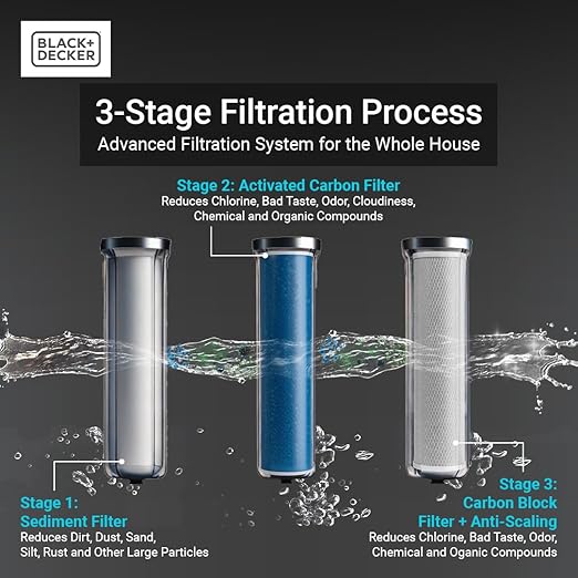 BLACK+DECKER Whole House Water Filter, 3-Stage Filtration System, Anti-Scaling Whole House Filter, IAPMO R&T Tested, Platinum Sealed, and NSF/ANSI 42 Certified