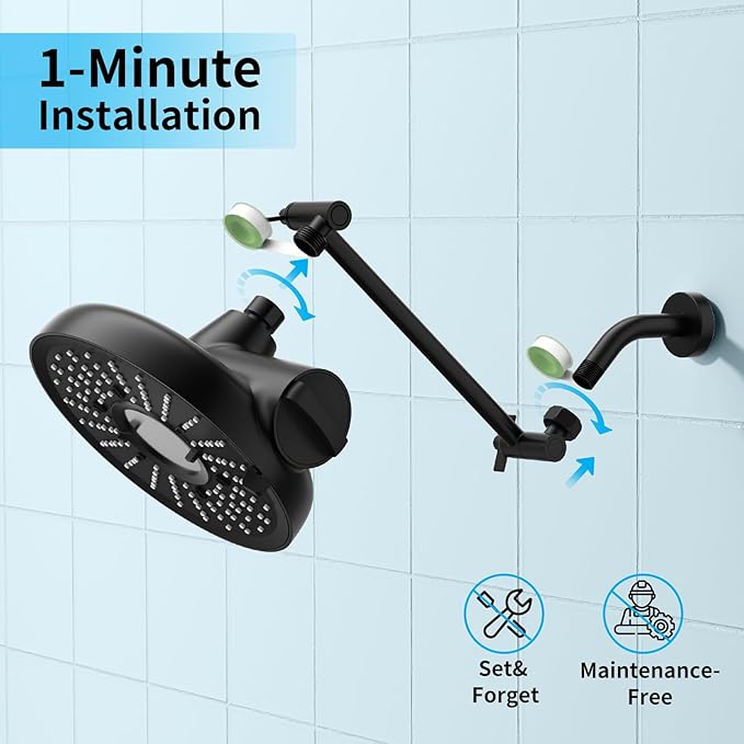 Filtered Shower Head with Extension Arm - EMBATHER 8 Inch High Output Showrhead with 3 Spray Settings, 18 Stage Filter for Hard Water, 11" Adjustable Arm, Brass Swivel Ball Jiont, Matt Black