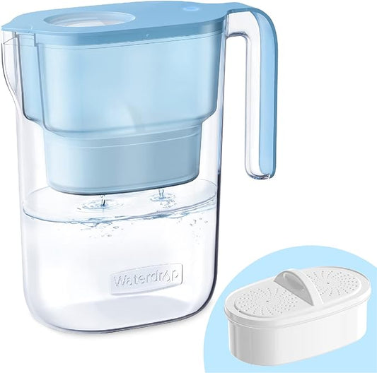 Waterdrop Water Filter Pitcher with 1 Filter, 5X Times Lifetime, Lasts 200 Gallons, for Fridge, Countertop and Gift, Reduces PFOA/PFOS, Chlorine, 7-Cup Capacity, Elfin, Blue