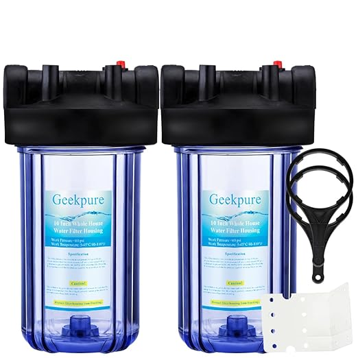 Geekpure 10-Inch Whole House Clear Water Filter Housing with Wrench and Bracket -4.5 x 10 Inch-1" Port-Pack 2