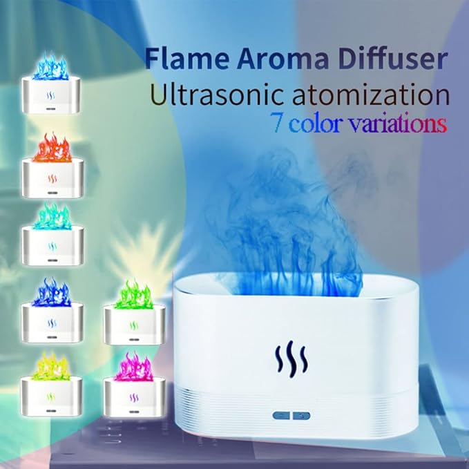 Upgraded 7 Color Flame Fireplace Air Aroma Essential Oil Diffuser,USB Personal Desktop Noiseless Cool Mist Humidifier with Auto-Off Protection for Home,Office, Gift (White)