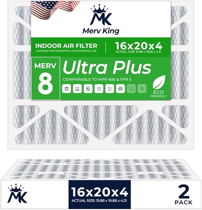 MervKing 16x20x4 Air Filter Actual Size: 15.88" x 19.88" x 4.31" MERV 8 MPR 600-700 | MADE IN USA | 2-Pack | Pleated HVAC AC Furnace Replacement