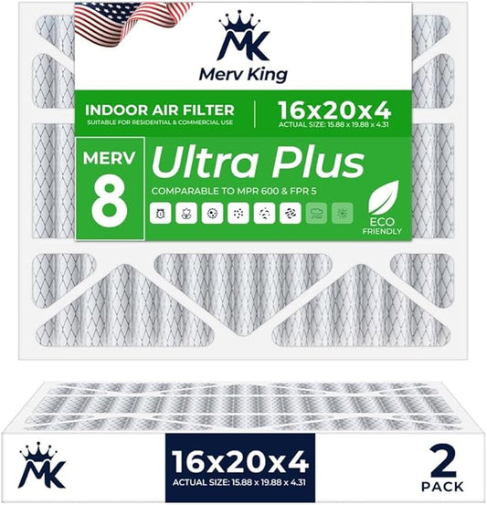 MervKing 16x20x4 Air Filter Actual Size: 15.88" x 19.88" x 4.31" MERV 8 MPR 600-700 | MADE IN USA | 2-Pack | Pleated HVAC AC Furnace Replacement