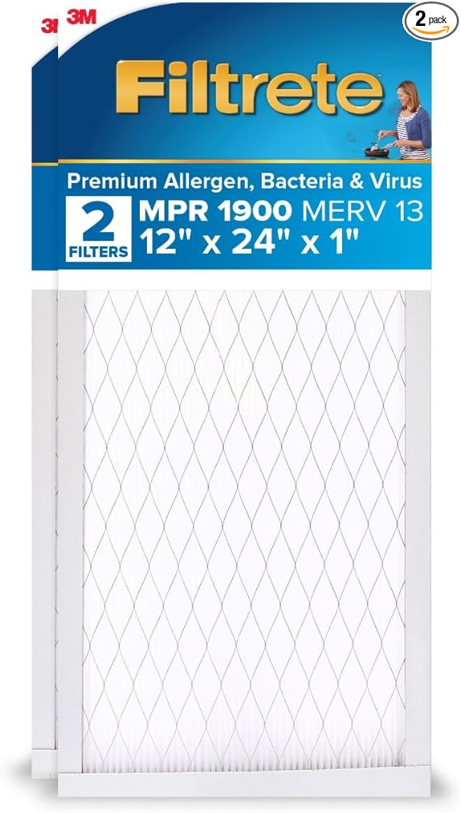 Filtrete 12x24x1 AC Furnace Air Filter, MERV 13, MPR 1900, Premium Allergen, Bacteria & Virus Filter, 3-Month Pleated 1-Inch Electrostatic Air Cleaning Filter, 2-Pack (Actual Size 11.69x23.69x0.78 in)