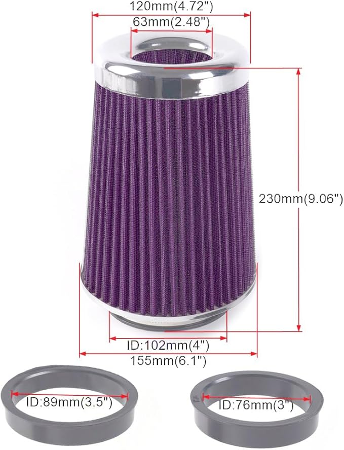 4-Inch Cold Air Intake Filter - Washable, High Performance, 3" or 3-1/2" or 4" Clamp-On Replacement Air Filter Purple (8" Tall)