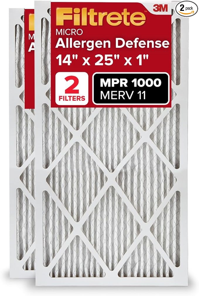 Filtrete 14x25x1 AC Furnace Air Filter, MERV 11, MPR 1000, Micro Allergen Defense, 3-Month Pleated 1-Inch Electrostatic Air Cleaning Filter, 2 Pack (Actual Size 13.781 x 24.781 x 0.84 in)