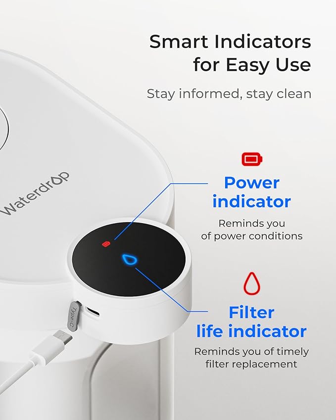 Waterdrop Alkaline Rechargeable Water Filter Dispenser, 6-Stage Instant Electric Powerful Pitcher, Healthy Mineralized Alkaline Water, 15-Cup Portable Countertop System, Does not Lower TDS