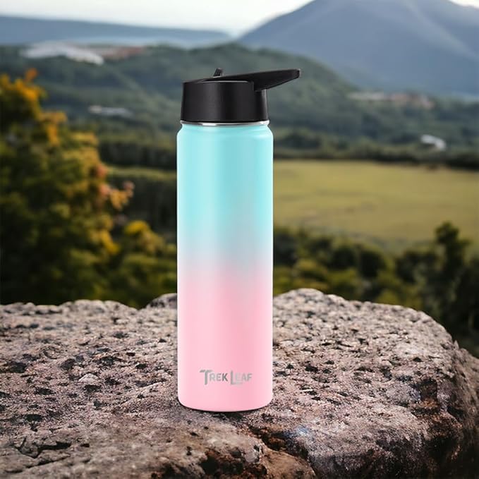 Travel Water Bottle with 3 Lids (Spout, Straw, Flip) Leak Proof, Quality, Vacuum Insulated, Stainless Steel (Hydrangea, 22 oz)