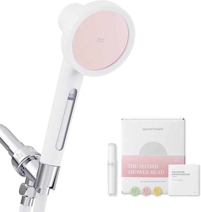 SecondShower Hand Clinically Proven Filtered Shower Head for Skin Health, High Pressure Handheld with NSF Certified Filtration for Hard Water, Natural Vitamin C Shower Filter (Blossom Pink)