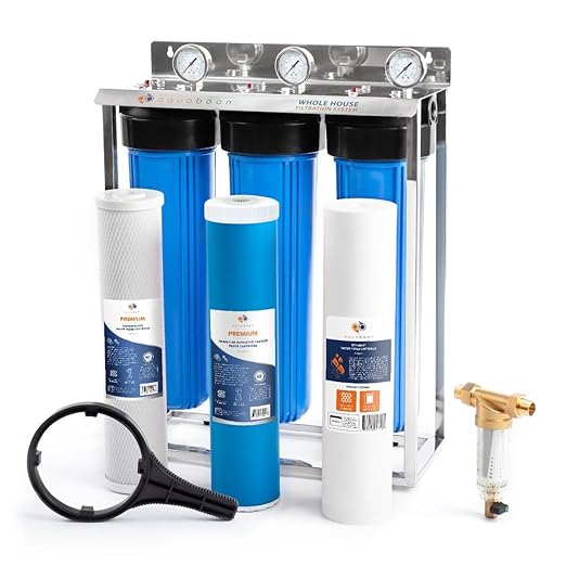 Aquaboon 3-Stage Whole House Water Filter System with 20x4.5 CTO, GAC, Sediment Filters & Prefilter, Gauge & Release, Wrench, Freestanding Steel Frame