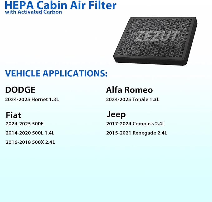 Cabin Air Filter CF11810, Fits Jeep, Dodge & Fiat Models, 2017-2025 Compass, 2015-2023 Renegade, 2024-2025 Hornet, 2014-2020 500L, 2016-2023 500X, 2024-2025 Alfa Romeo Tonale and 500E
