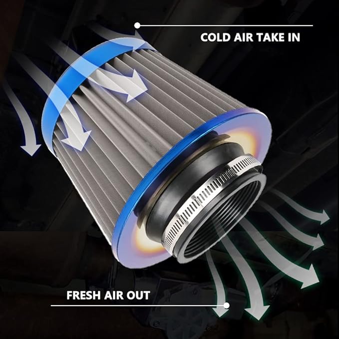 Cold Air Intake Filter, High Performance, Washable Filter, Clamp-On Replacement Air Filter, Flange Diameter 3inch/76mm Gray