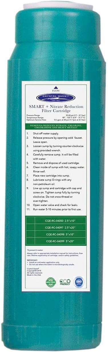 Crystal Quest Nitrate Removal + SMART Filter Cartridge 2-7/8" x 9-3/4" - Reduces Nitrates, Fits Reverse Osmosis & Whole House Systems, Long-Lasting, Easy Installation, Heavy-Duty Water Filtration