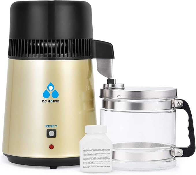 DC HOUSE Upgrade Water Distiller, 304 Stainless Steel 1 Gallon Distilled Water Maker Machine for Home Countertop Table Desktop, 750W 4L Making Machine with On Off Switch, Glass Container