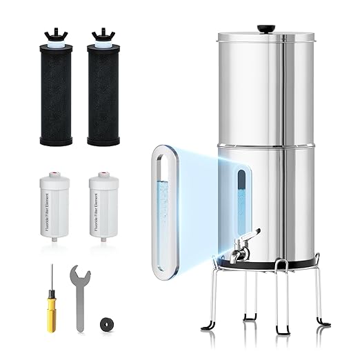 Purewell 1.5G Stainless-Steel Filter System with 4 Filters and Stand,8-Stage Gravity Water Filter System with Embedded Visual Water Level - Ideal for Kitchen, Reduce Fluoride and Chlorine