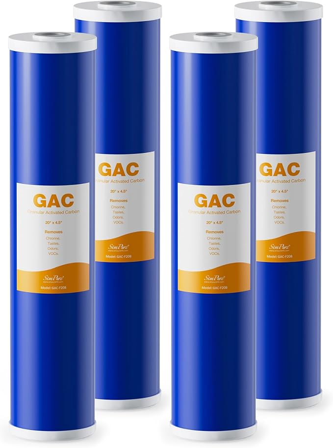 SimPure GAC Filter 20 x 4.5 inch Whole House Water Filter | Granular Activated Carbon Filter Replacement for DB20P, GAC-20BB, RFC20-BB (4 Pack)