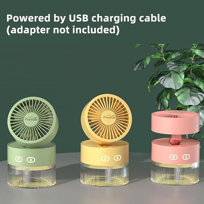 Personal Cooling Fan and Small Air Humidifier 350ml with LED Night Light, Desktop USB Charging Humidifier and Fan 3 in 1 for Office and Small Room, No Battery (Yellow)