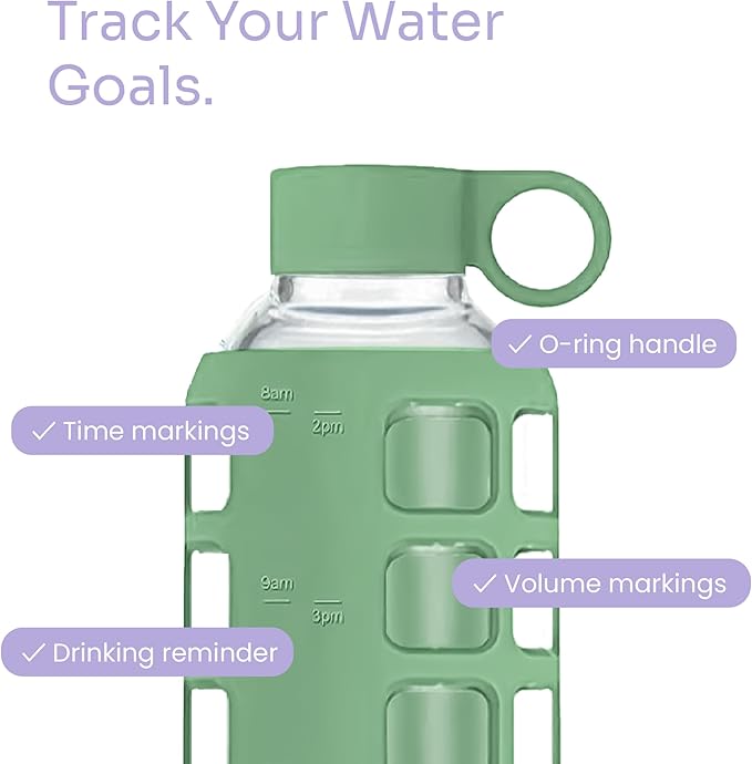 purifyou 40oz / 32oz / 22oz / 12oz Borosilicate Glass Water Bottle with Time & Volume Markers, Silicone Sleeve, Stainless Steel Lid | Reusable Glass Bottle for Water & Juice (32oz Shale Green)
