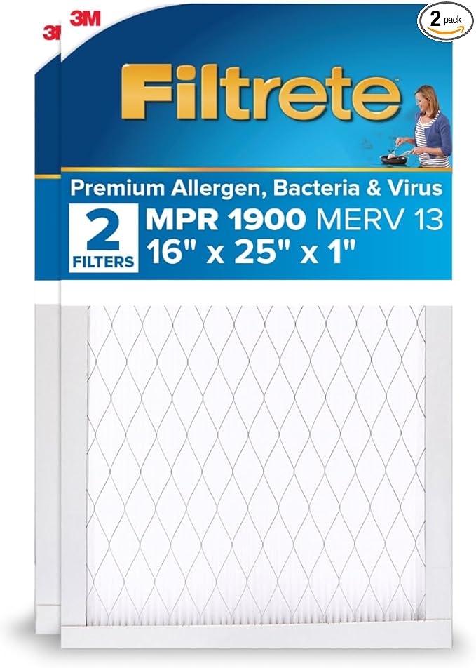 Filtrete 16x25x1 AC Furnace Air Filter, MERV 13, MPR 1900, Premium Allergen, Bacteria&Virus Filter, 3-Month Pleated 1-Inch Electrostatic Air Cleaning Filter, 2-Pack (Actual Size 15.719x24.72x0.78 in)