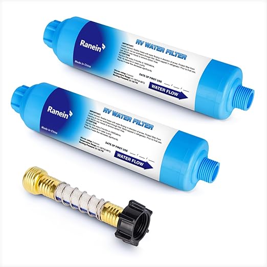 2 Pack RV Inline Water Filter with Hose Protector, NSF Certified, Reduces Chlorine, Odor, Bad Taste and Sediment in Drinking Water, Ideal for RV's Campers, Travel Trailers and Boats
