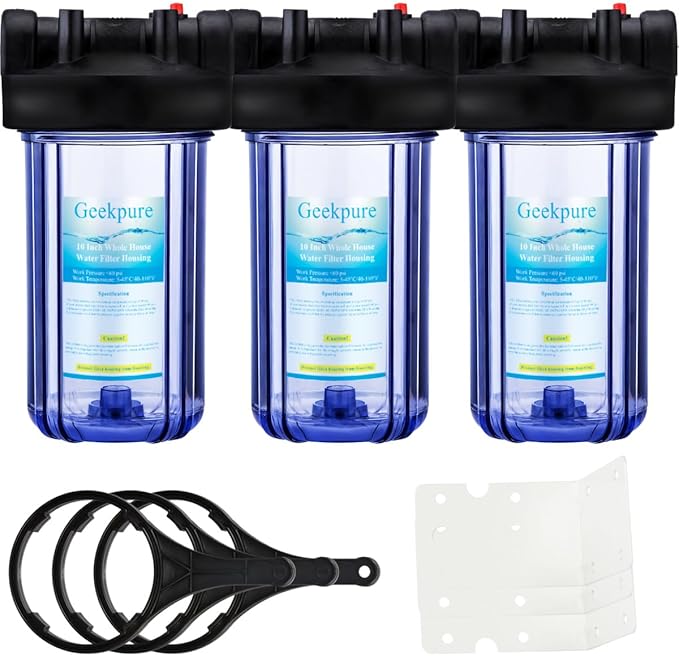 Geekpure 10 Inch Water Filter Housing for Whole House Water Filtration with Wrench Bracket -1" Port-Clear -4.5" x 10" (4)