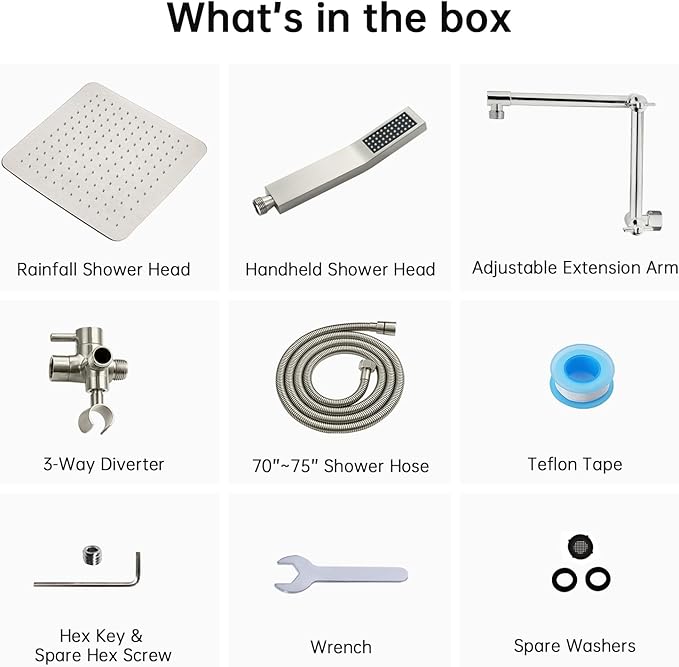 G-Promise All Metal 12 Inches Rainfall Shower Head with Handheld Spray Combo, 3 Settings Diverter, Adjustable Extension Arm with Lock Joints, 71 Inches Stainless Steel Hose (Brushed Nickel)