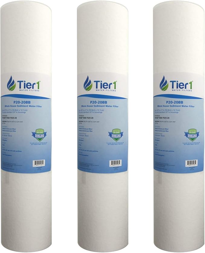 Tier1 20 Micron 20 Inch x 4.5 Inch | 3-Pack Spun Wound Polypropylene Whole House Sediment Water Filter Replacement Cartridge | Compatible with Pentek DGD-7525-20, 155356-43, Home Water Filter