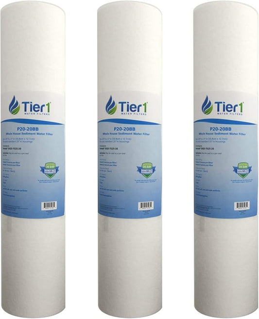 Tier1 20 Micron 20 Inch x 4.5 Inch | 3-Pack Spun Wound Polypropylene Whole House Sediment Water Filter Replacement Cartridge | Compatible with Pentek DGD-7525-20, 155356-43, Home Water Filter
