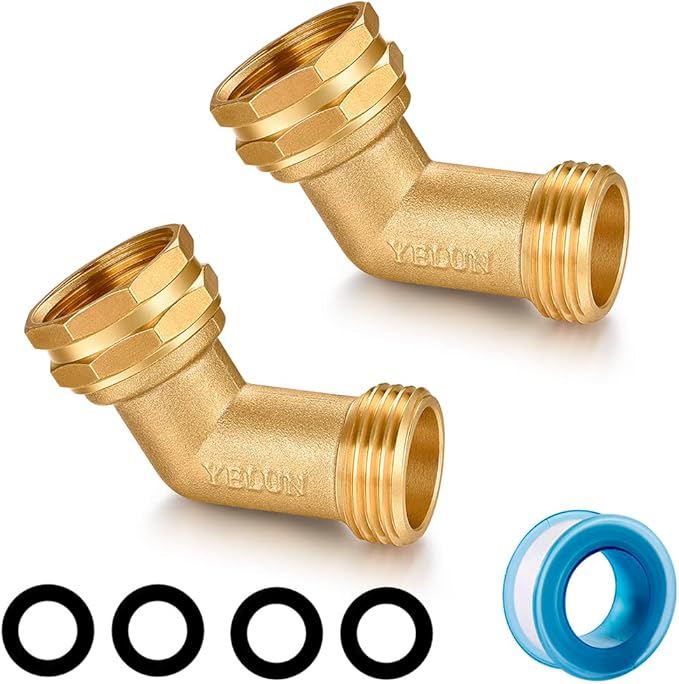 Garden Hose Elbow Connector 45 Degree Solid Brass Pipe Fittings -Eliminates Stress and Strain On RV Water Intake Hose Adapter 3/4" FHT x 3/4" MHT (45 Degree Hose Elbow)