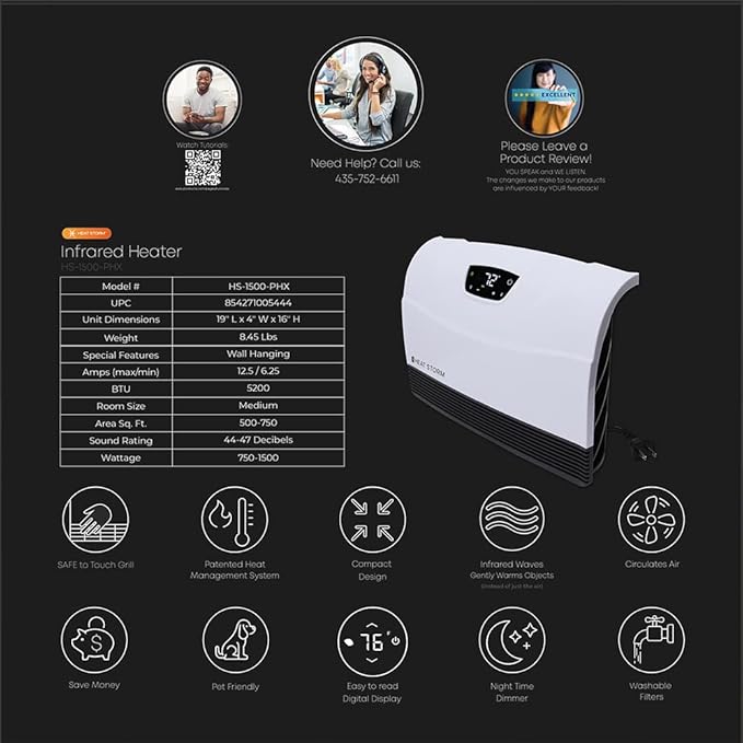 Heat Storm Phoenix Infrared Space Heater with Attachable Feet, Remote Control, Energy Efficient-750-1500 Watts, White Floor or Wall - HS-1500-PHX