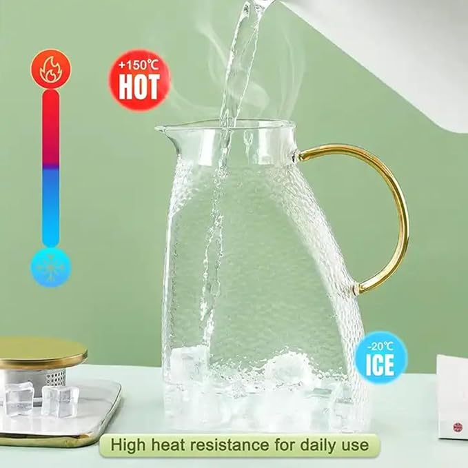 1.8L Glass Pitcher with Stainless Steel Gold Lid - Ideal Fridge Door Water Pitcher for Hot or Cold Beverage, Iced Tea, Juice, Milk, Coffee, Lemonade