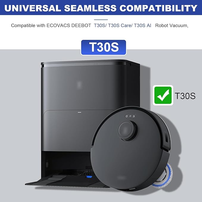Replacement Accessories Parts Compatible with ECOVACS DEEBOT T30S/ T30s AI/ T30 Care Robot Vacuum Cleaner.（2 Main Brush,6 Side Brushes,6 Hepa Filters,8 Mop Pads,6 dust Bags）