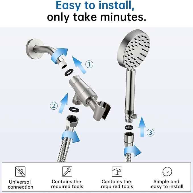 G-Promise Solid Metal Brushed Nickel Handheld Shower Head With Extra Long Stainless Steel Hose & Water Saving On/Off Pause Valve, Modern Style, 1 Setting, 10 Year Warranty