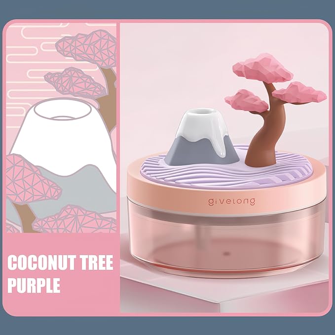 Mini Portable Desktop Humidifiers for Bedroom,Small Humidifier with Cherry Tree,Quiet,Cool Mist, Auto Off,7 Colors Night Light,320ml Air Humidifier Home Office Travel(PINK)