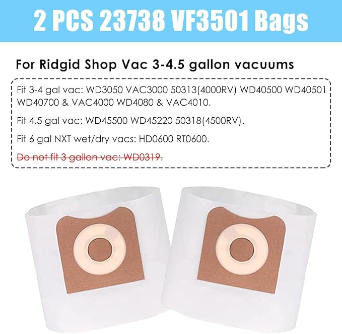 ANBOO 4 Pack VF3500 Replacement Filters for Ridgid Shop Vac 3-4.5 Gallon Wet/Dry Vacuum Cleaners + 2 Pack VF3501 Vacuum Filter Bags Compatible with Shop Vac 3-4.5 Gallon Vacuums