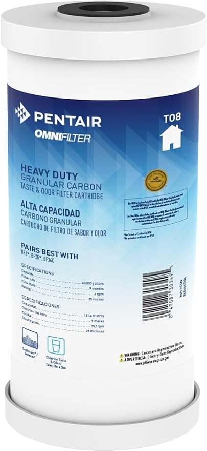 Pentair OMNIFilter TO8 Carbon Water Filter, 10" Heavy Duty Big Blue Whole House Granular Carbon Taste & Odor Replacement Filter Cartridge, 10" x 4.5", 25 Micron