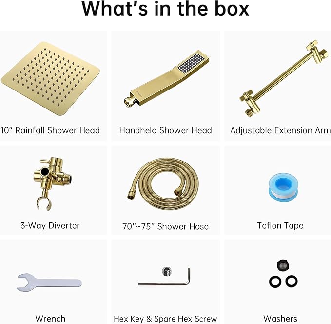 G-Promise All Metal 10" Dual Square Shower Head Combo | Rain Shower Head | Handheld Shower Wand | Adjustable | 3-Way Diverter | 71" Extra Long Hose - A Bathroom Upgrade (Polished Brass)
