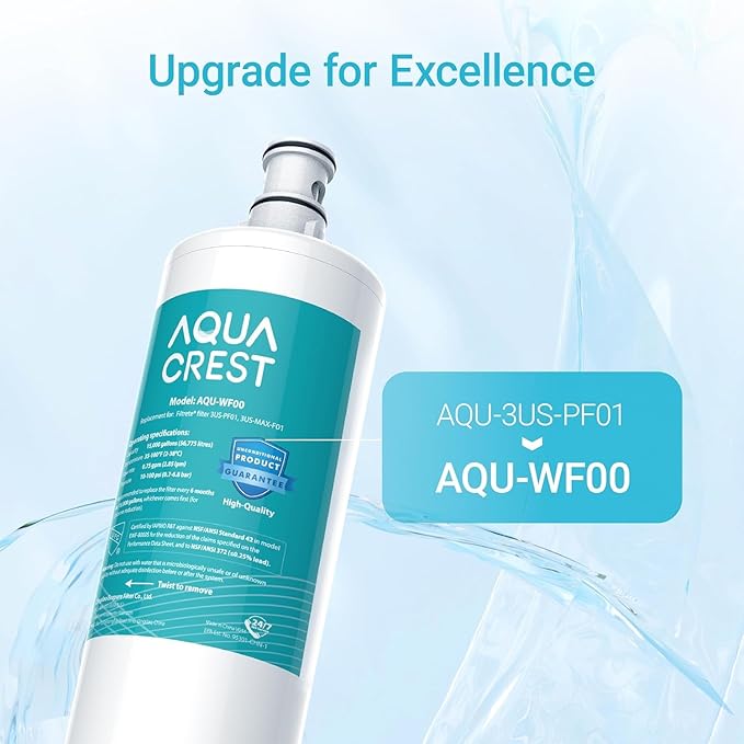 AQUA CREST 3US-PF01 3US-MAX-F01 Replacement Filter, NSF/ANSI 42 Certified Replacement for Filtrete® 3US-PF01, 3US-MAX-F01H, 3US-PS01, Delta RP78702, Manitowoc K-00338, HF20 HF25 Water Filter, 2 Pack