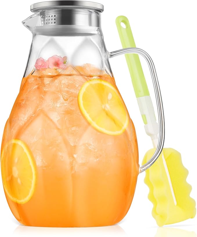 Glass Pitcher With Lid, 102oz Unique Petal Design, Stainless Steel Large Iced Tea Pitcher, Easy To Clean Lightweight Borosilicate Glass For Cold And Hot Beverages