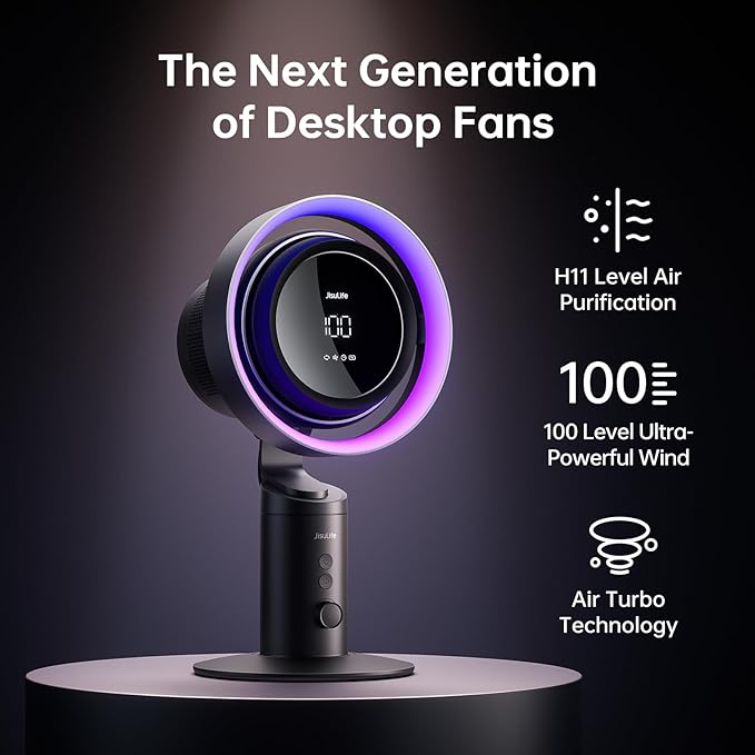 Jisulife Table Fan Pro3, 3-IN-1 Turbo Oscillating Fan with Air Purifier and RGB Light, H11 HEPA Filter, 100-Speed Adjustable, 10000mAh Rechargeable Battery, Powerful Airflow for Desktop/Office/Bedroom