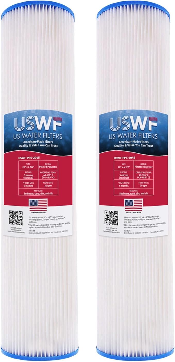 5 Micron 20 Inch x 4.5 Inch | 2-Pack Pleated Polyester Whole House Sediment Replacement Cartridge | Compatible with Watts WPC5FF20, Hydronix SPC-45-2005 | Made in the USA, US Water Filters