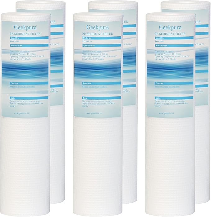 Geekpure 10 Inch PP Sediment Replacement Cartridge for RO Water Filtration- 2.5" x 10"-5 Micron -Pack of 6
