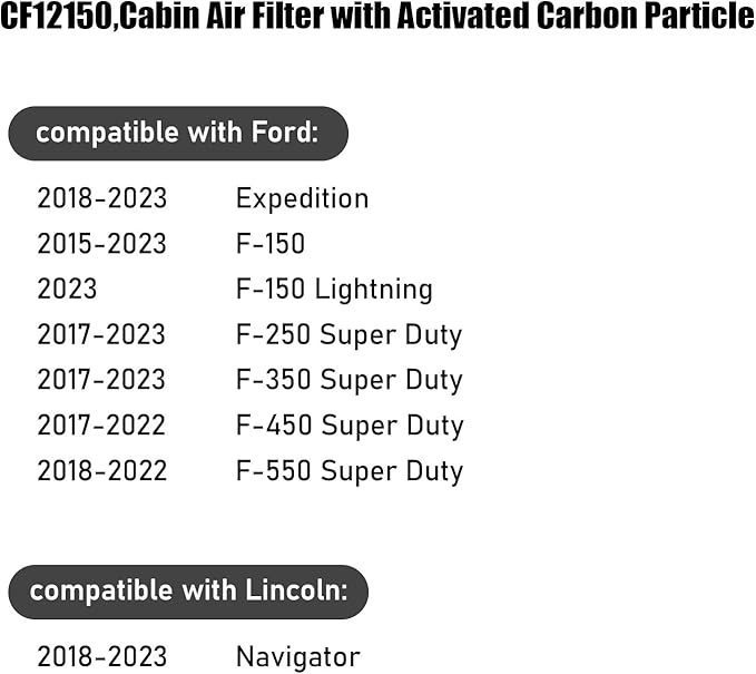 CF12150,Cabin Air Filter with activated carbon particle for Ford F-150 2015 2016 2017 2018 2019 2020 2021 2022 2023.Expedition F-250 F-350 F-450 F-550 .Lincoln Navigator.