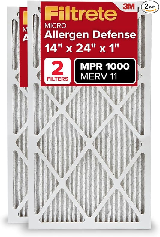 Filtrete 14x24x1 AC Furnace Air Filter, MERV 11, MPR 1000, Micro Allergen Defense, 3-Month Pleated 1-Inch Electrostatic Air Cleaning Filter, 2 Pack (Actual Size 13.81 x 23.81 x 0.81 in)