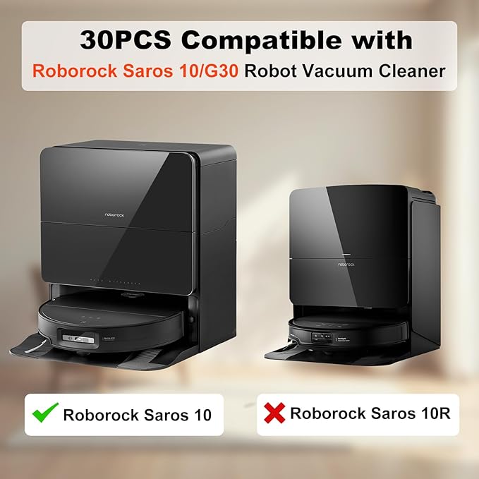 Yivy 30 PCS Replacement Parts Kit Compatible with Roborock Saros 10/G30 - Accessory Set with 2 Roller Brushes, 6 Side Brushes, 4 Filters, 4+4 Mop Pads, 6 Dust Bags, 1Self-Cleaning Brush