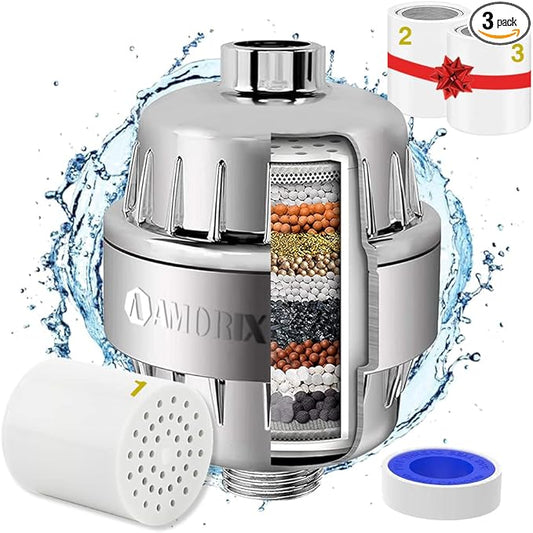 Chrome 15 Stage Shower Head Filter for Hard Water - High Output, Reduces Chlorine, Soothes Dry Skin & Itchy Scalp - Includes 3 Replaceable Filter Cartridges