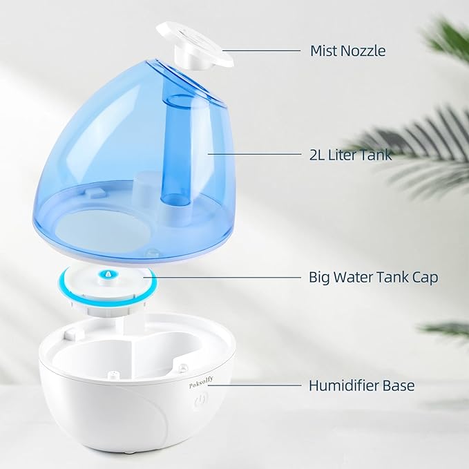 Cool Mist Humidifier for Bedroom,2L Small Humidifiers for Bedroom and Office,25dB Humidifier for Toy room and Plant,Last Up to 13H on Max Mist Setting (Light Blue)