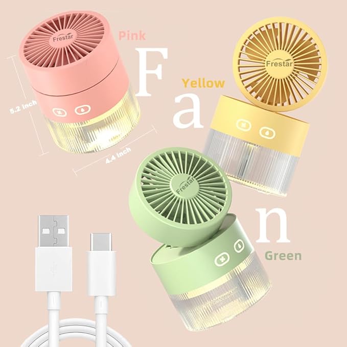 Personal Cooling Fan and Small Air Humidifier 350ml with LED Night Light, Desktop USB Charging Humidifier and Fan 3 in 1 for Office and Small Room, No Battery (Yellow)