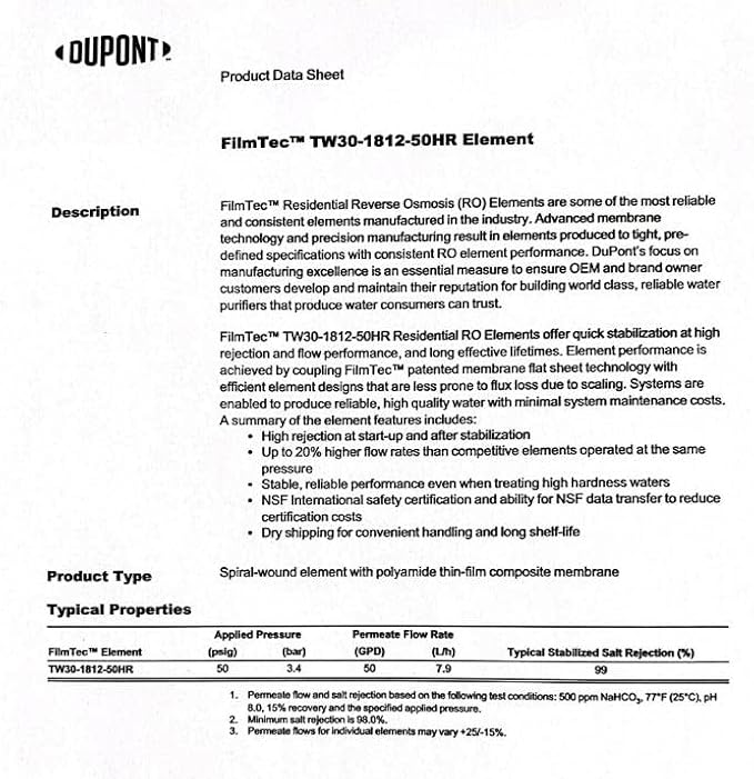 Dow FilmTec, TW30-1812-50HR 50 gpd TFC High Rejection Membrane for Undersink Reverse Osmosis (RO) System (Replaces Model TW30-1812-50)