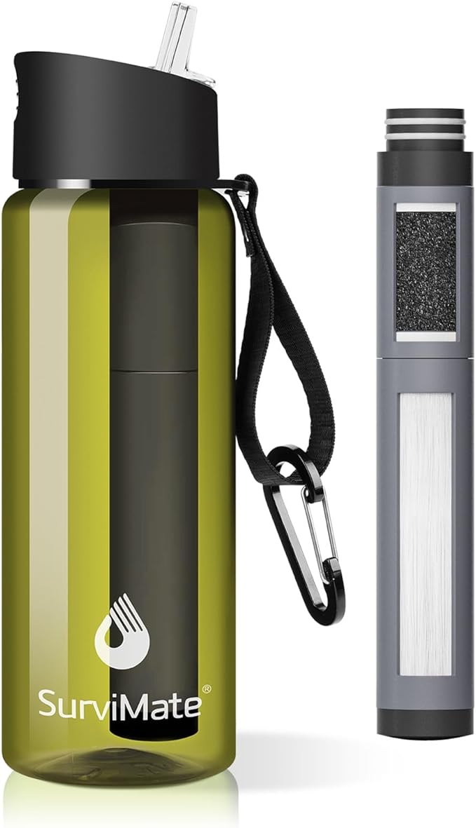 Survimate 5-Stage 0.01μm Ultra-Filtration Filtered Water Bottle, BPA-Free Material, NSF/ANSI 42&372 Certified, Portable Water Filter Bottle for Survival, Camping, Hiking, and Emergency Use